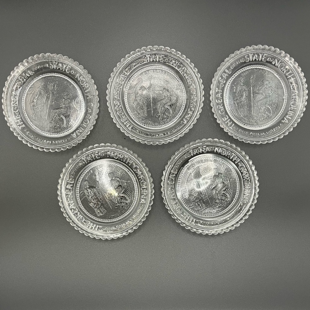 Set of 5 Pairpoint Clear Cup Plates: Great Seal of the State of North Carolina